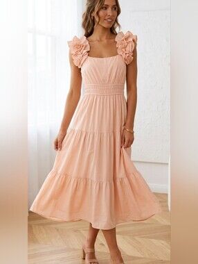 Biltmore Linen Blend Ruffle Sleeve Midi Dress Pink Size Small